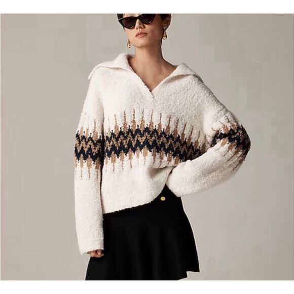 J.Crew Sweaters - J Crew Sweater Fair Isle Johnny-Collar Boucle Yarn Wool Blend Cream Tan Large